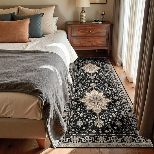 RELEANY Area Rugs Runner 3'x8' Washable Non-Slip, Floral Vintage Distress Medallion Carpet for Kitchen Hallway Bedroom Beside Laundry Room Bathroom, Black Brown Neutral Dark Tan