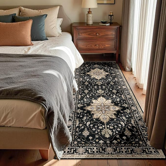 RELEANY Area Rugs Runner 3'x7' Washable Non-Slip, Floral Vintage Distress Medallion Carpet for Kitchen Hallway Bedroom Beside Laundry Room Bathroom, Black Brown Neutral Dark Tan