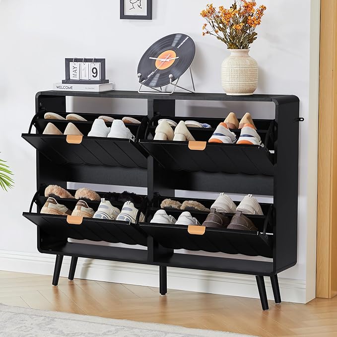 Shoe Storage Cabinet for Entryway with 4 Flip Drawers, Freestanding Narrow Wood Shoe Cabinet with Wave Panel, Hidden Shoe Organizer for Foyer, Hallway (Black)