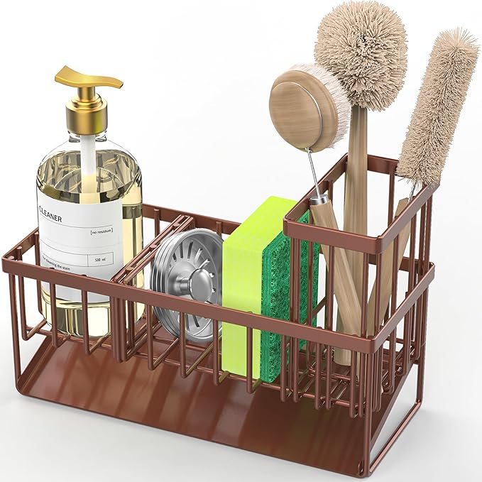 Cisily Kitchen Sink Caddy - Sponge Holder and Organizer with High Brush Holder, Rustproof 304 Stainless Steel Sink Accessories (Brown)