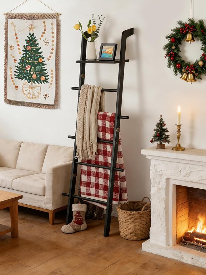 Black Blanket Ladder with Top Shelf for the Living Room - 67in Decorative Wooden Blanket Holder, 5 Tier with Side Hooks for Hanging - Rustic Farmhouse Towel Ladder Throw Rack for Organizer and Display