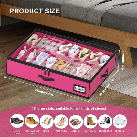 homyfort Shoe Organizer Under Bed, Fits 32 Pairs, Under bed Shoe Storage Boxes with Study Handles and Clear Cover, zapateras organizer for shoes, set of 2