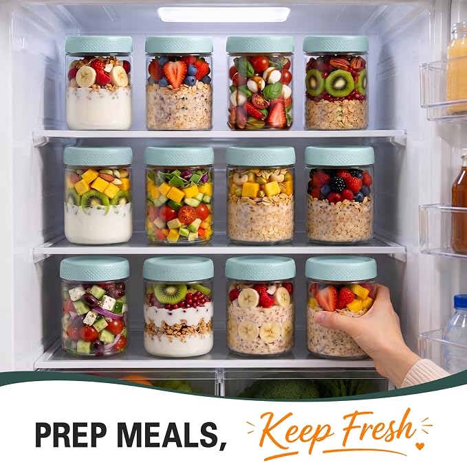 16 oz Mason Jars, 6 Pack Overnight Oats Containers with Lids for Yogurt, Parfait Cup With Lids for Breakfast, Clear Glass Jars Round for Storage, Sugar, Prep Meal, Food, Pudding, Home, Blue
