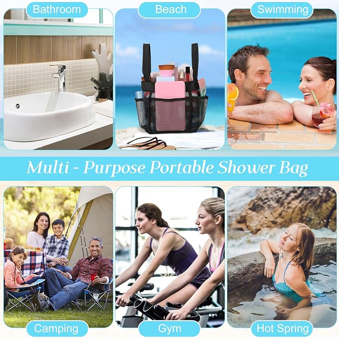 Hillban 4 Pcs Mesh Shower Caddy Portable Shower Caddy for Dorm Beach Mesh Bags with Deeper 8 Pockets and Handles Showers Caddies Basket for Women College Room Vacation(Black)