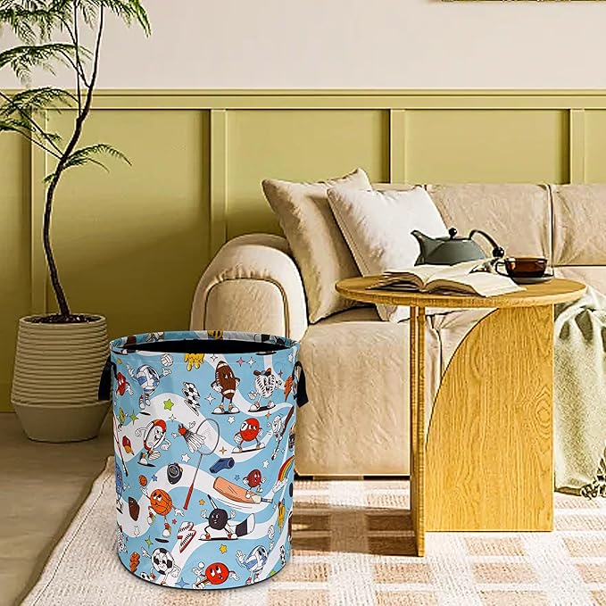 Ball Sports Laundry Basket Funny Balls Game Foldable Waterproof Oxford Cloth Tote Bag Laundry Hamper Round Large Clothes Storage Bucket Toy Organizer For Bathroom/Laundry Storage/Bedroom 18.9x16.5 In