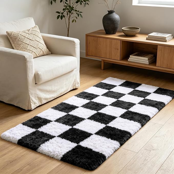 Shag Runner Rug for Bedroom Living Room 3x7 Upgrade Non-Slip Fluffy Soft Bedside Rugs,Black and White Shaggy Carpet for Livingroom Dorm Home Decor Aesthetic