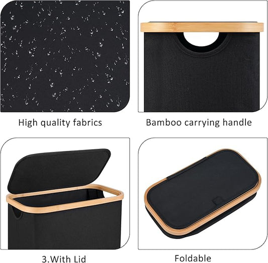 60L Slim Laundry Hamper,Laundry Basket with Lid,Tall Hamper for Laundry,Dirty Cloth Hamper with Bamboo Handle for Toys,Towels, Clothes Organizing,Black