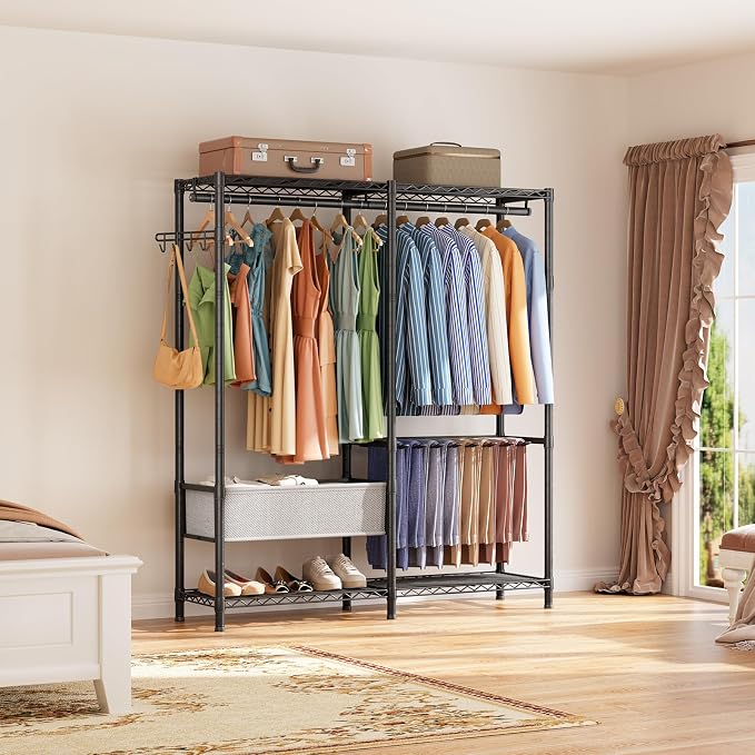 Golpart Clothes Rack Coat Rack Closet Organizers and Storage Laundry Room Organization Heavy Duty Portable Clothing Racks for Hanging Clothes Adjustable Freestanding with Shelves and Wheels Black