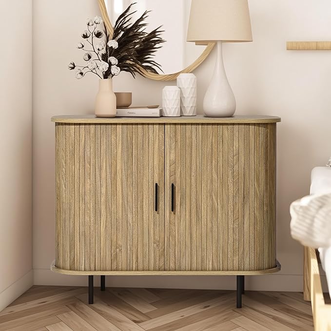 LuxenHome 35” Mid Century Modern Accent Cabinet, Sliding Door Sideboard Buffet Cabinet with Storage, Small Storage Entryway Cabinets for Kitchen, Living Room, Entryway