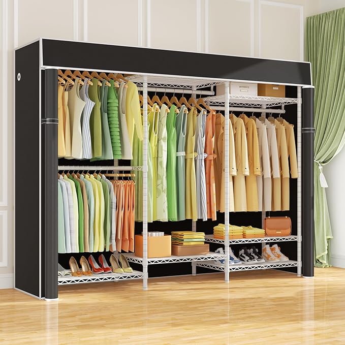 Ulif E13C Heavy Duty Closet Organizer System,Freestanding Clothing Racks for Hanging Clothes,Adjustable Garment Rack 63" W x 16" D x 77" H Hold 960 lbs,White Clothing Rack with Black Dustproof Cover