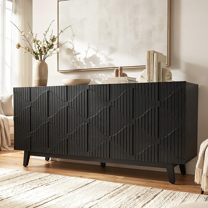 Buffet Cabinet with Storage, Distressed Storage Cabinet with 4 Carved Doors and Adjustable Shelf, Wooden Accent Sideboard Buffet Cabinets for Kitchen, Living Room, Entryway, Black