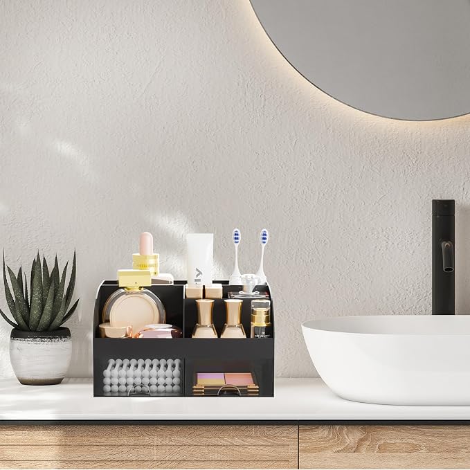 Makeup Organizer with 2 Drawers, Cosmetic Storage for Dresser Vanity and Bathroom Countertop,Make up organization and Skincare Storage with Beauty Brush Holder, Cosmetic Display Case 2Pcs Black