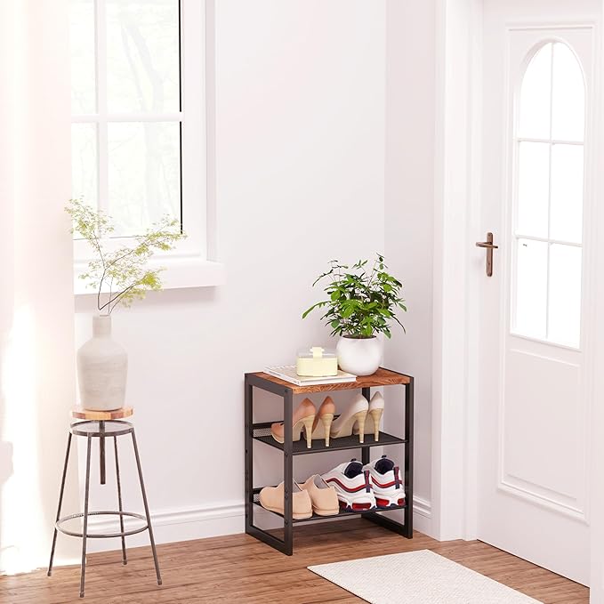 Narrow 3-Tier Shoe Rack, Slim Space-Saving Shelf with Decorative Wood Top & Steel Mesh, Entryway/Closet/Dorm Organizer, 16.5x11.8x19.8 Inches