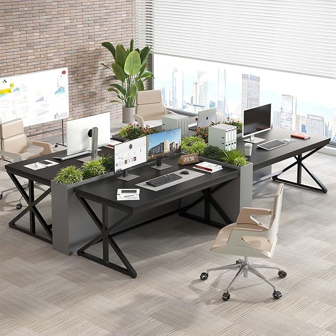 IBF 55 Inch Black Home Office Desks, Modern Computer Desk for Writing Study, Wood Metal Simple Gaming Work Table for Bedroom, Industrial Wooden Pc Workstation Executive Desk, Black Oak
