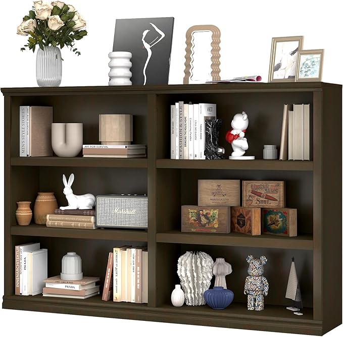 blini Bookshelf Double Wide 64 in 3-Tier 6 Cube Storage Organizer Wooden Bookcase for Bedroom and Home Office Decor Display