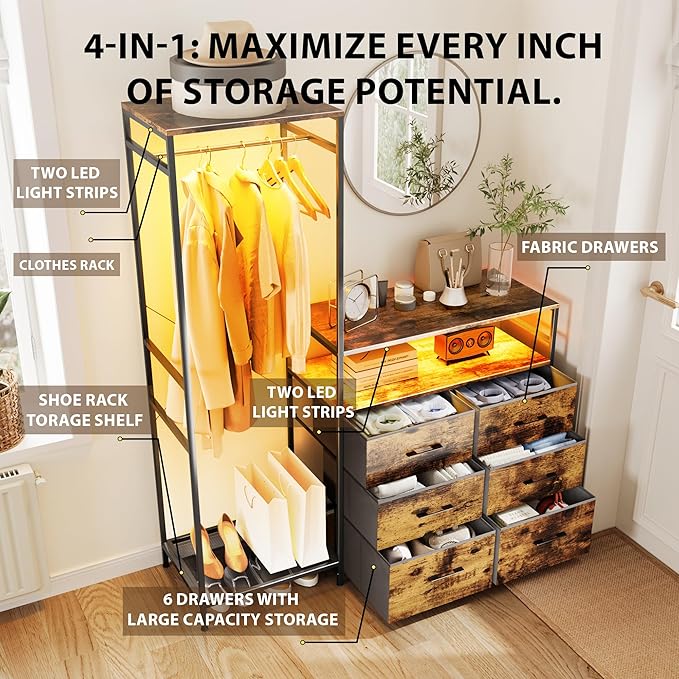 Heavy Duty Garment Rack with Fabric Drawers and LED Light, Freestanding Portable Closet Wardrobe Systems with Shelves for Bedroom, Entryway, Apartment