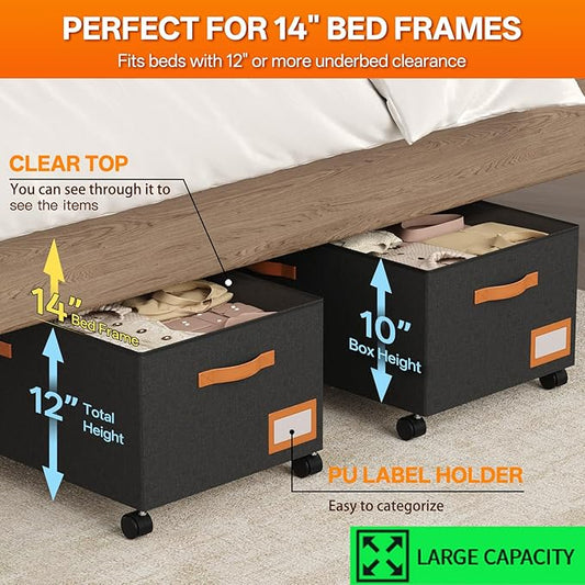 Under Bed Storage with Wheels, 12" Height Under Bed Storage Extra Deep Under Bed Storage Containers, Perfect for 14'' Bed Frame, No Assemble Metal Rolling Underbed Storage for Clothes Shoes Blankets