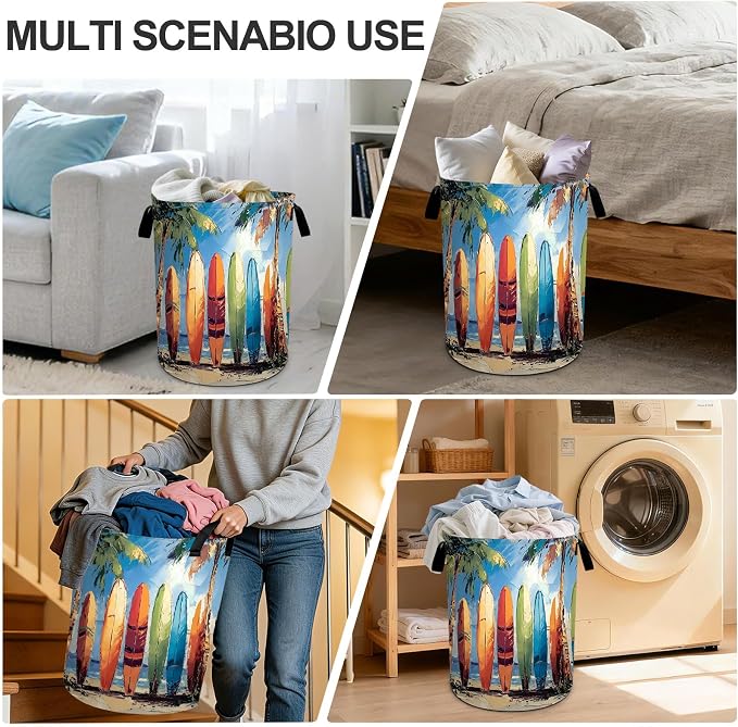 Surfboard Laundry Basket Waterproof Laundry Hamper Foldable Laundry Bag with Handles for Bedroom, Bathroom, Office, Clothes Storage