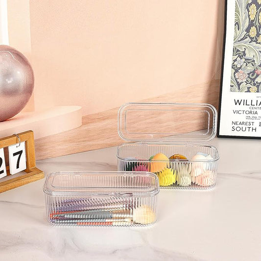JessLab Makeup Brush Holder Organizer, Clear Makeup Sponges Organizer, Cosmetic Storage Case with Lid Display Case for Vanity, 1 Compartment (2 Pack)