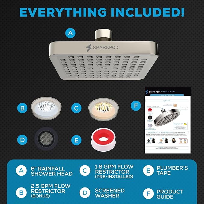 SparkPod Rain Shower Head, 6 Inch Square | High Pressure Shower Heads, 90 Nozzle (Touch-to-Clean), Adjustable Showerhead, No-tool Universal Connection