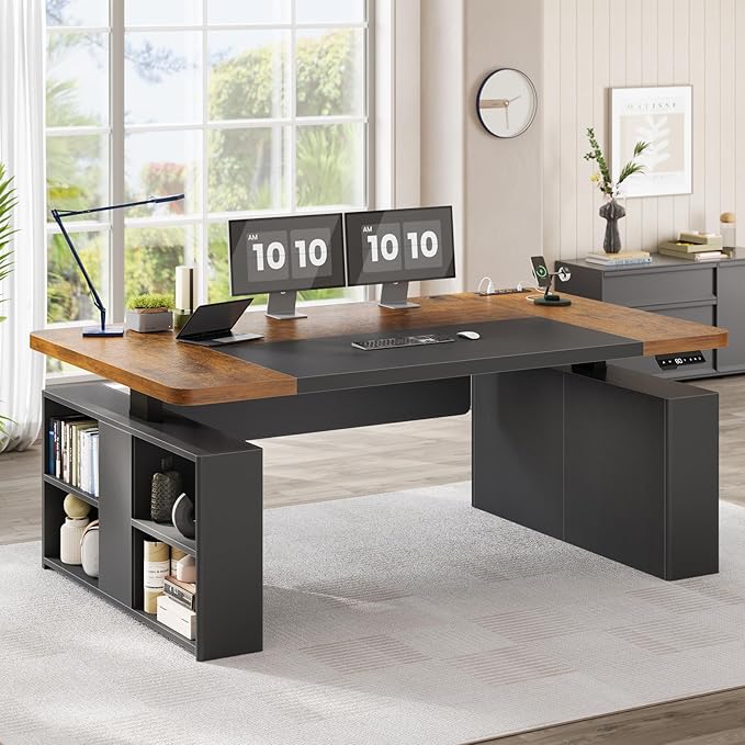 SEDETA 63" Executive Standing Desk with Storage, Executive Height Adjustable Desk with Power Outlets, Large Computer Office Desk with Privacy Panel for Home Office, Rustic Brown