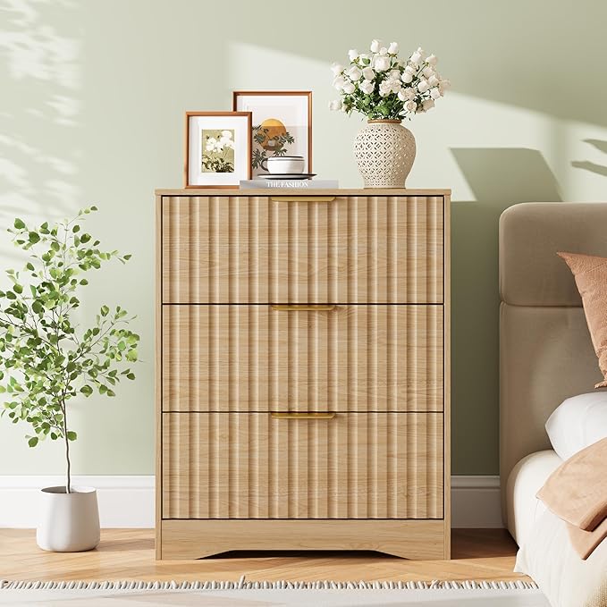 Fluted 3 Drawer Dresser for Bedroom, 30" Tall Modern Wood Dressers Chest of Drawers with Metal Handle, Large Nightstand End Table for Living Room, Closet, Entryway, Natural Oak