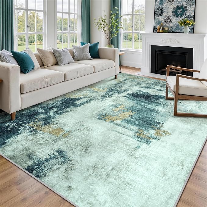 9x12 Area Rugs for Living Room Rug Washable: Abstract Large Rug for Dining Room Bedroom Carpet Non Slip 9 by 12 Indoor Modern Nursery Home Office Teal Grey Gold