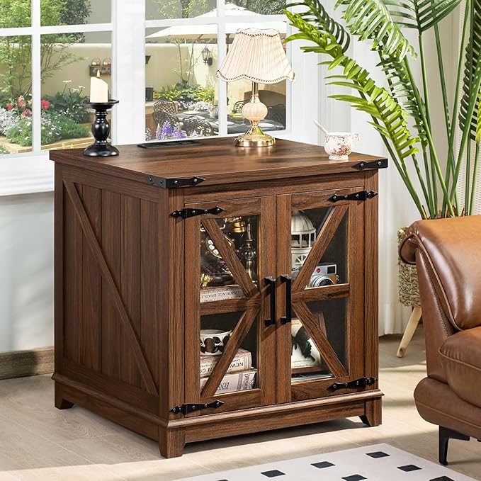 Farmhouse Coffee Table Set, 3 Pieces: Large End Side Tables with Charging Station and Coffee Table with Hidden Storage Compartment, Brown Wood Furniture Sets for Home Office