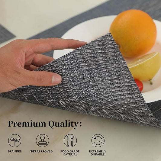 Leetaltree Denim Blue Placemats Set of 6 - Heat Resistant Non-Slip Place mats for Dining Table, Washable Durable PVC Vinyl Woven Table Mats(Denim Blue, 6)