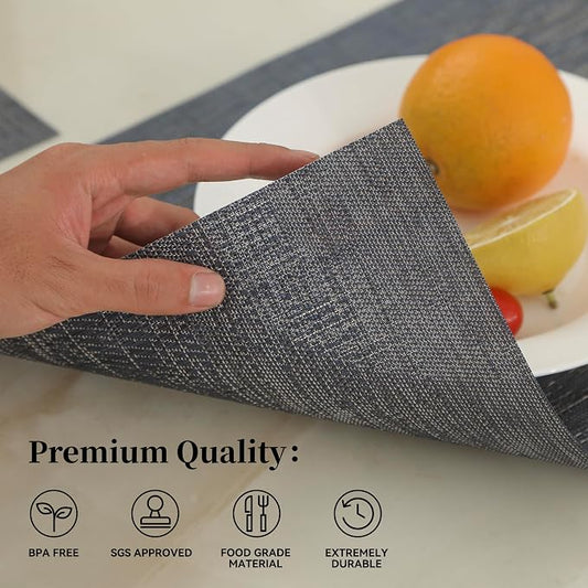 Leetaltree Denim Blue Placemats Set of 4 - Heat Resistant Non-Slip Place mats for Dining Table, Washable Durable PVC Vinyl Woven Table Mats(Denim Blue, 4)
