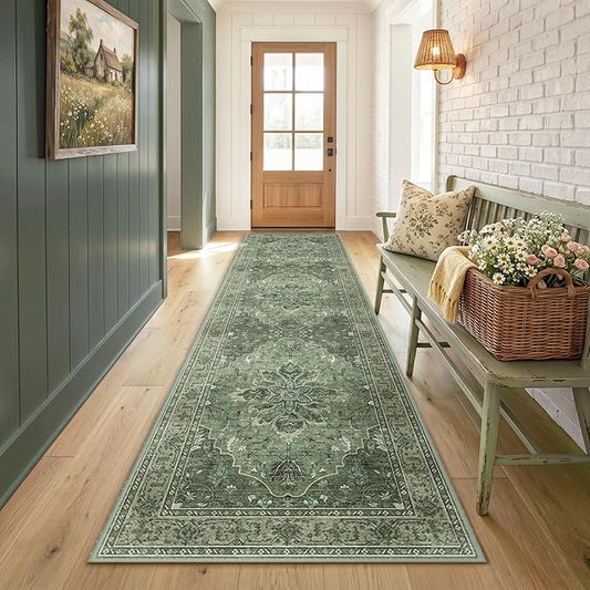 RELEANY Area Rugs Runner 2'6"x8' Washable Non-Slip, Floral Vintage Distress Medallion Carpet for Kitchen Hallway Bedroom Beside Laundry Room Bathroom, Dark Green Gray
