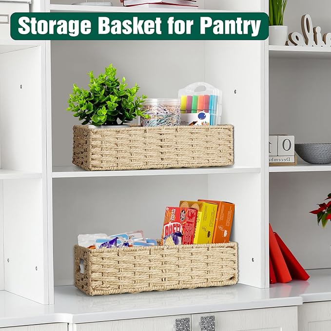 dreamkey Nesting Paper Rope Storage Baskets for Organizing with Handles - Small HandWoven Toilet Paper Basket for Back of Toilet Tank Top - Decorative Storage Baskets, 14 Inch