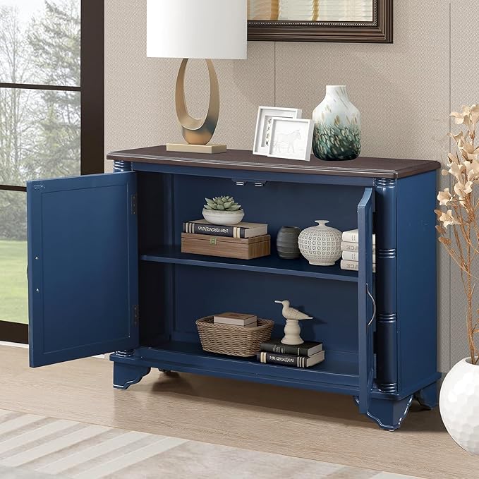 HMFULE 40" Sideboard Buffet Storage Cabinet, Retro Console Table with Solid Wood Feet Adjustable Shelf & 2 Doors for Kitchen Dining Room Living Room (Navy Blue)