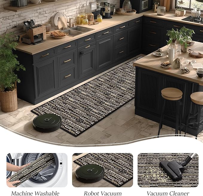 Kitchen Rugs Sets of 2-Non Slip Kitchen Mats for Floor-Thick Stain Resistant Vintage Kitchen Floor Mat Runner Carpet for Hallways Entryway Laundry Room Washable(Black 24"x79"+20"x47")