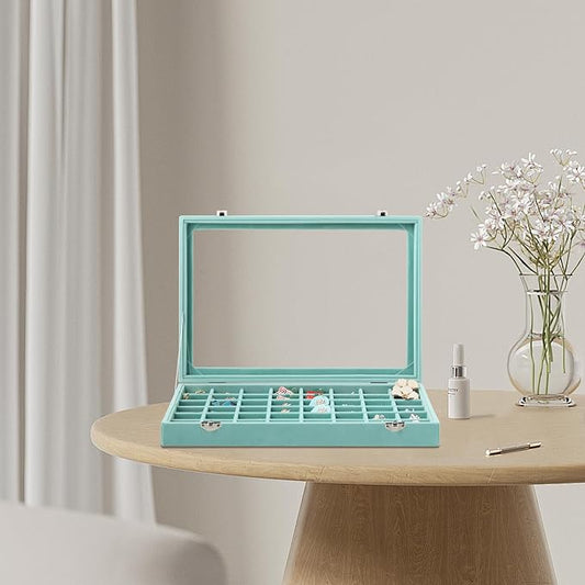 Frebeauty 48 Grid Jewelry Tray,Adjustable Earring Holder Organizer with Glass Lid,Velvet Drawer Jewelry Organizer for Rings,Studs,13.8 x 9.5 x 2 Inches Jewelry Display Box,Gift for Women(Turquoise)