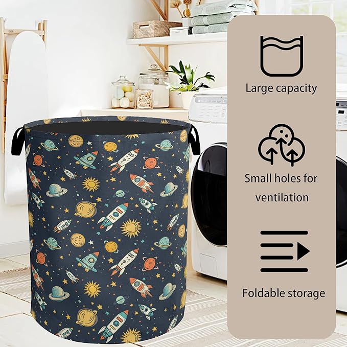 Cartoon Planet Space Foldable Canvas Laundry Basket with Handles - Toy Organizer, Heavy Duty for Home,Bedroom, Dorm, Bathroom