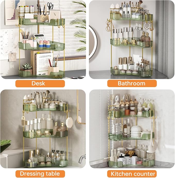 3-Tier Corner Bathroom Counter Organizer,Makeup & Skincare Shelf with Built-in Brush Holder,Space-Saving Bathroom Countertop Organizer for Skincare, Perfume, Cosmetics(Green)