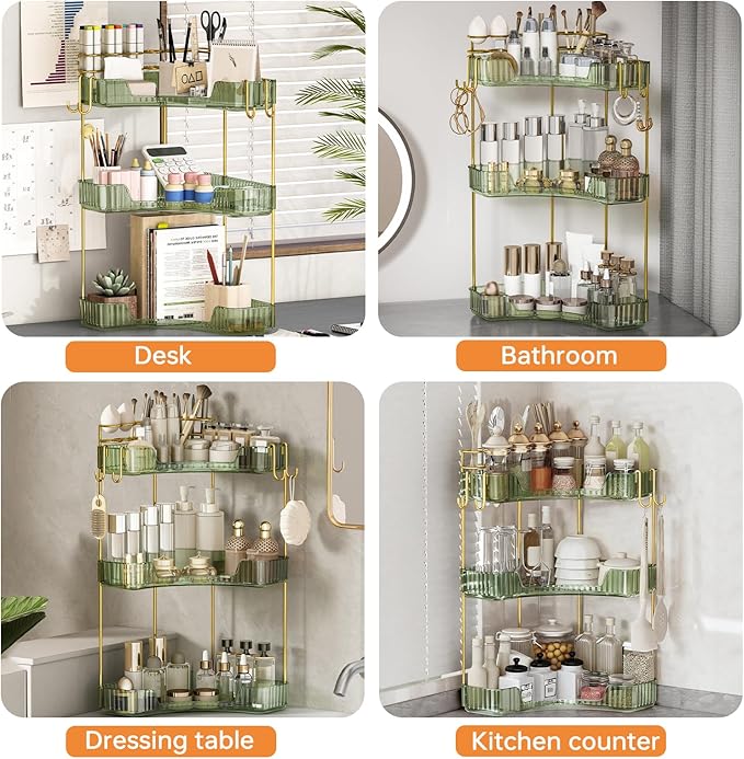 3-Tier Corner Bathroom Counter Organizer,Makeup & Skincare Shelf with Built-in Brush Holder,Space-Saving Bathroom Countertop Organizer for Skincare, Perfume, Cosmetics(Green)
