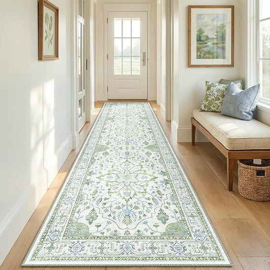 RELEANY Area Rugs Runner 2'x8' Washable Non-Slip, Floral Vintage Distress Medallion Carpet for Kitchen Hallway Bedroom Beside Laundry Room Bathroom, Green White Blue