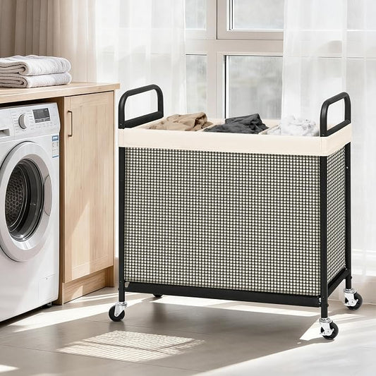 STORAGE MANIAC Rolling Laundry Hamper with Wheels 3-Section Laundry Sorter Rolling Laundrys Basket on Wheels with Removable Bag Clothes Hamper Laundrys Organizer Cart Bathroom Bedroom 120L Beige