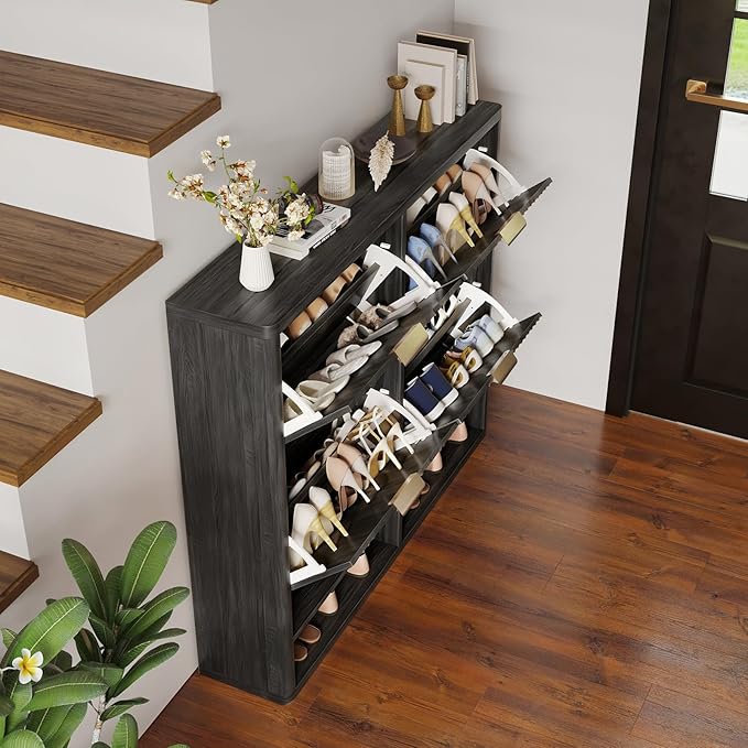 Shoe Storage Cabinet for Entryway with 4 Flip Drawers, 47.2" Large Modern Freestanding Shoe Organizer with Fluted Doors & Hidden Shoe Rack - Slim Enclosed Shoe Rack for Hallway (Black)