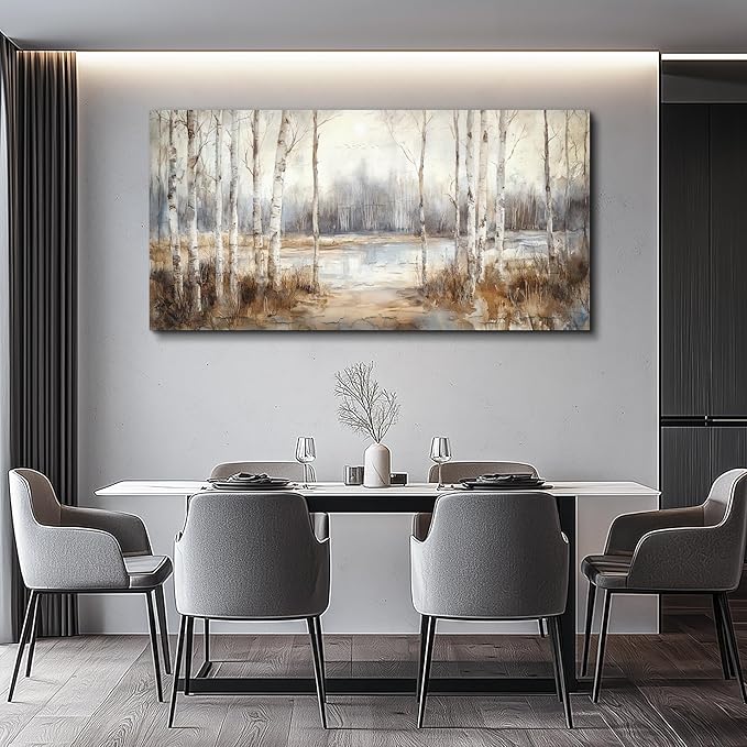 QIYILEXWART Large Wall Decor For Living Room Stretched And Framed Canvas Wall Art For Office Wall Decorations For Bedroom Birch Forest Painting By The Lake Picture Home Decor Ready To Hang