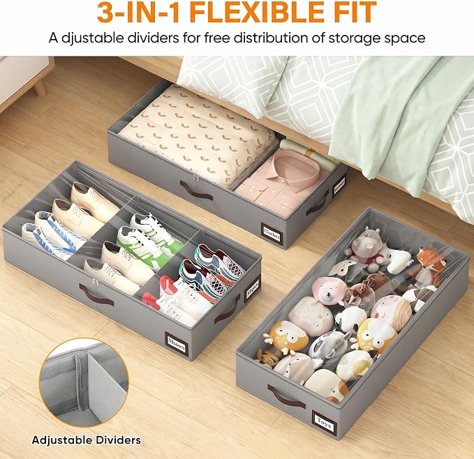 OIAHOMY 2 Pack 38L Under Bed Storage with Adjustable Dividers, 6" Low Profile Underbed Storage Bins for Comforters & Clothes, Save Closet Space with Clear View Lid & Reinforced Handles, Black