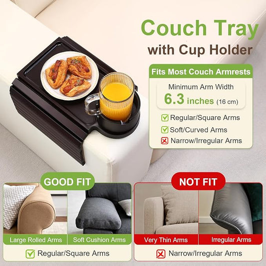 Couch Cup Holder Tray - 3 in 1 Couch Arm Table with 360° Rotating Phone Holder, Foldable Sofa Arm Tray for Drink Table, Snacks Table,Hold Cellphone Remote or Books