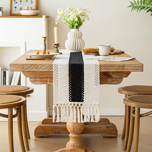 FEXIA Boho Table Runner for Summer Home Decor with Tassels 72 Inches Long Farmhouse Rustic Black Gothic Table Runner Macrame Gothic Burlap Table Decoration for Kitchen Living Room (12x72 Inches)