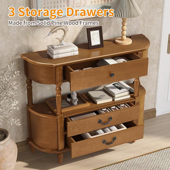 43" Retro Curved Console Table with Drawers, Solid Wood Half Moon Console Table Entry Sofa Table with Storage with Solid Pine Roman Legs Open Shelf for Small Spaces Living Room,Brown