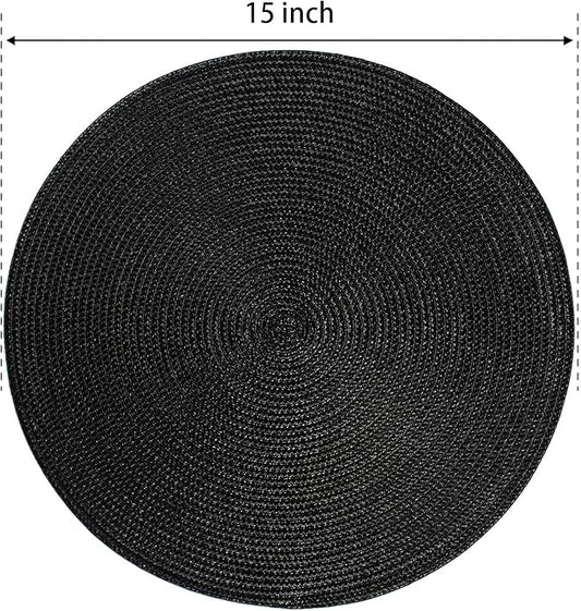 FunWheat Round Braided Placemats Set of 6 Place Mats for Dining Table Woven Washable Non-Slip Table Mats 15 Inch (Black, 6pcs)