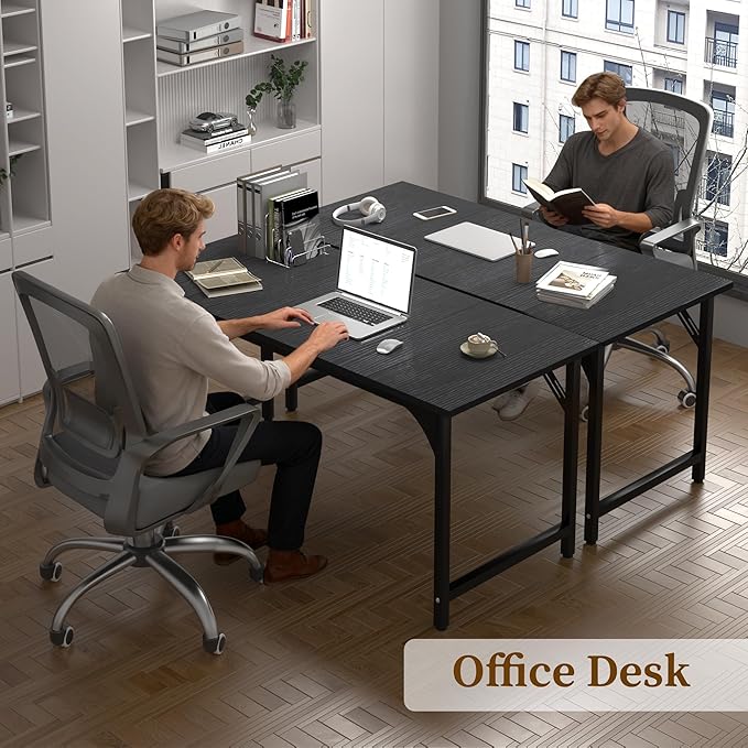 AZN Computer Desk, 55in Computer Desk, Office Desk w/Sturdy Metal Frame, Office Desk w/Water-Resistant, Scratchproof Surface, Home Office Desks w/Large Legroom for Work Study Writing Gaming, Black