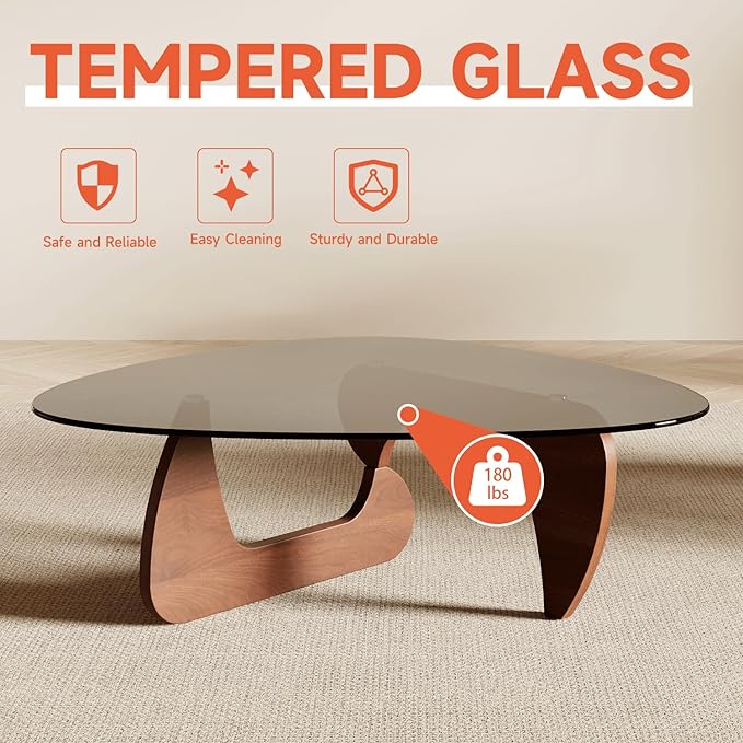 Modern Coffee Table for Living Room and Small Spaces, 35.6" x 25.4" x 15.8" Triangle Tempered Glass Table Top and Solid Wood Base, Walnut