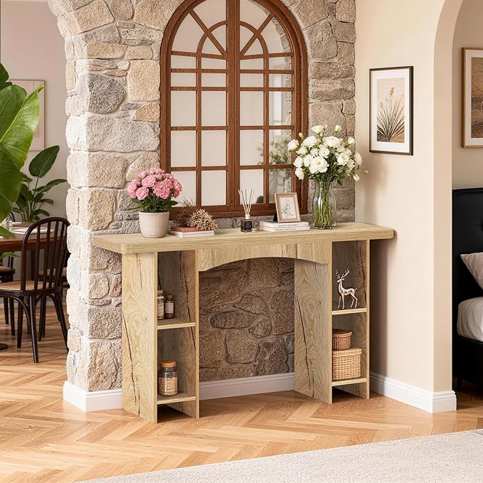 55 Inch Entryway Table Single-Shelf Cabinet, 1.6 Inch Thick Desktop Wooden Console Table with Socket Farmhouse Sofa Table for Entrance, Hallway, Living Room,Behind Couch(Natural Brown)